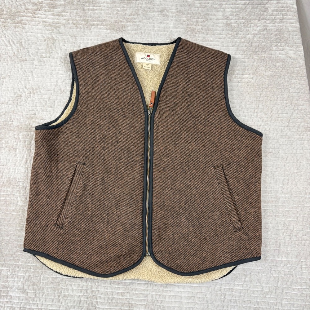 Woolrich Mens Buckskin Wool Blend Sherpa Lined Tweed Vest Brown 412 Large